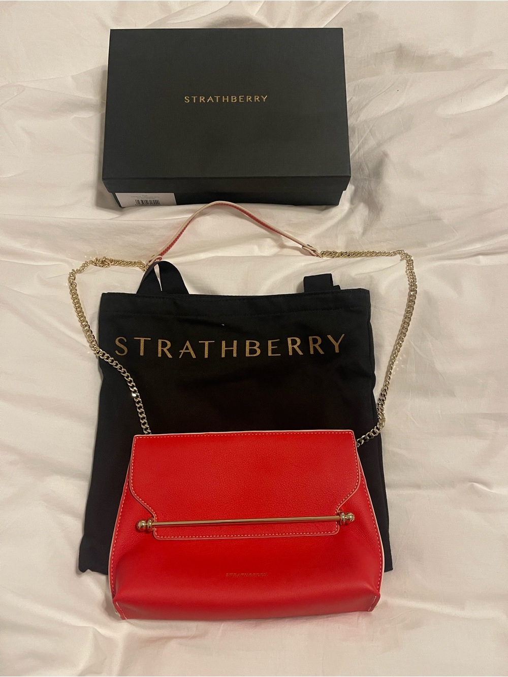 Strathberry Red Leather Mini Bag with Gold Bar and Chain
